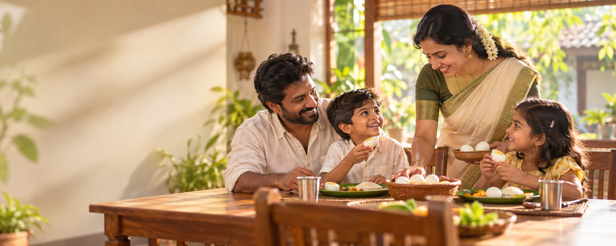 Indian family enjoying breakfast with country chicken eggs